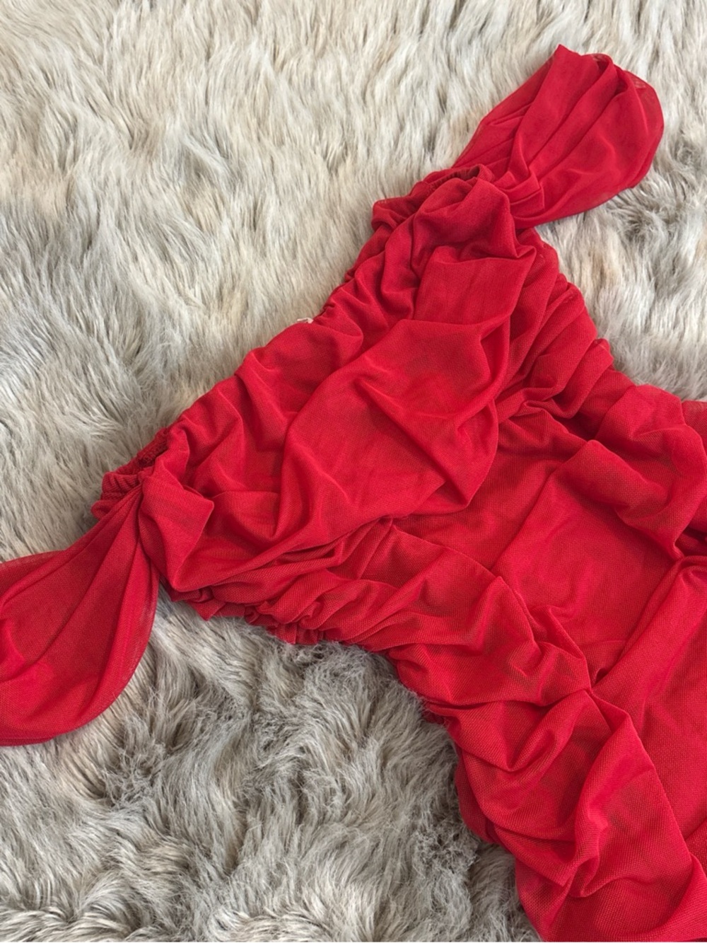 cameo Red Ruched Off Shoulder Midi Dress